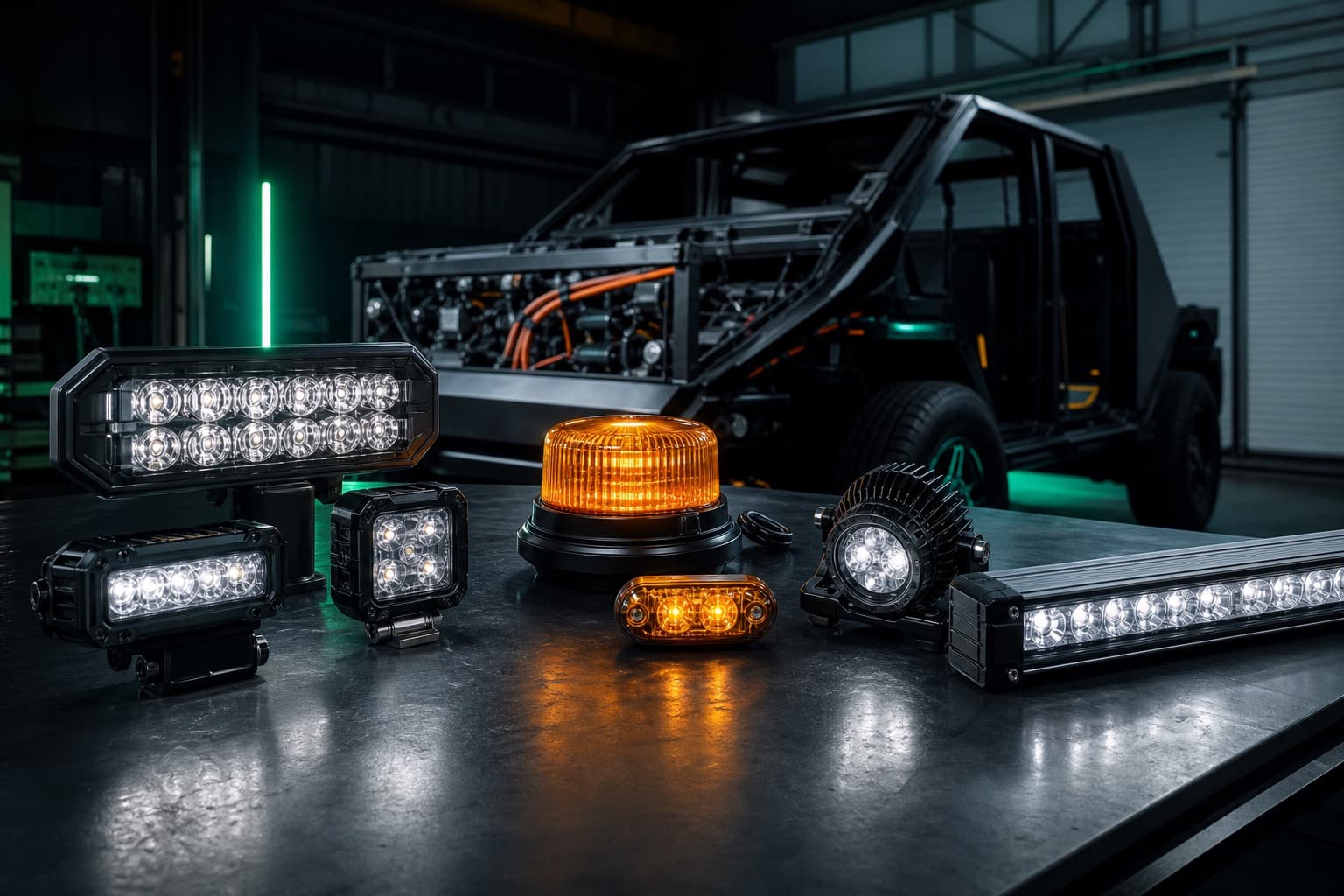 EV lighting workbench with LED warning beacons