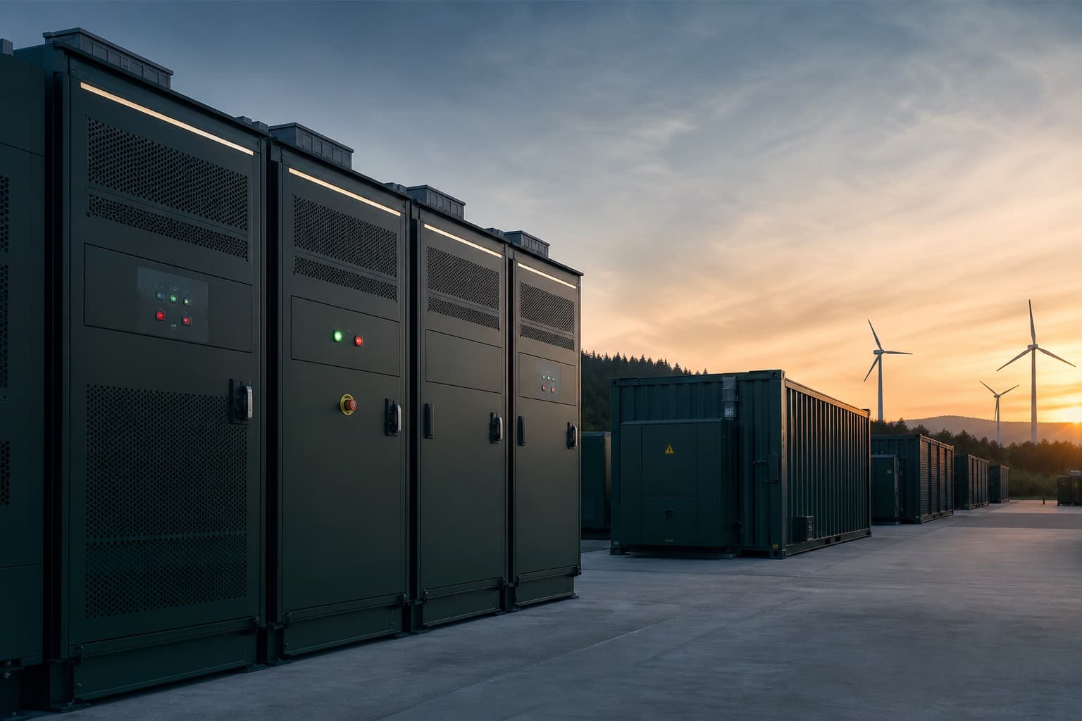 Battery energy storage cabinets in an industrial yard