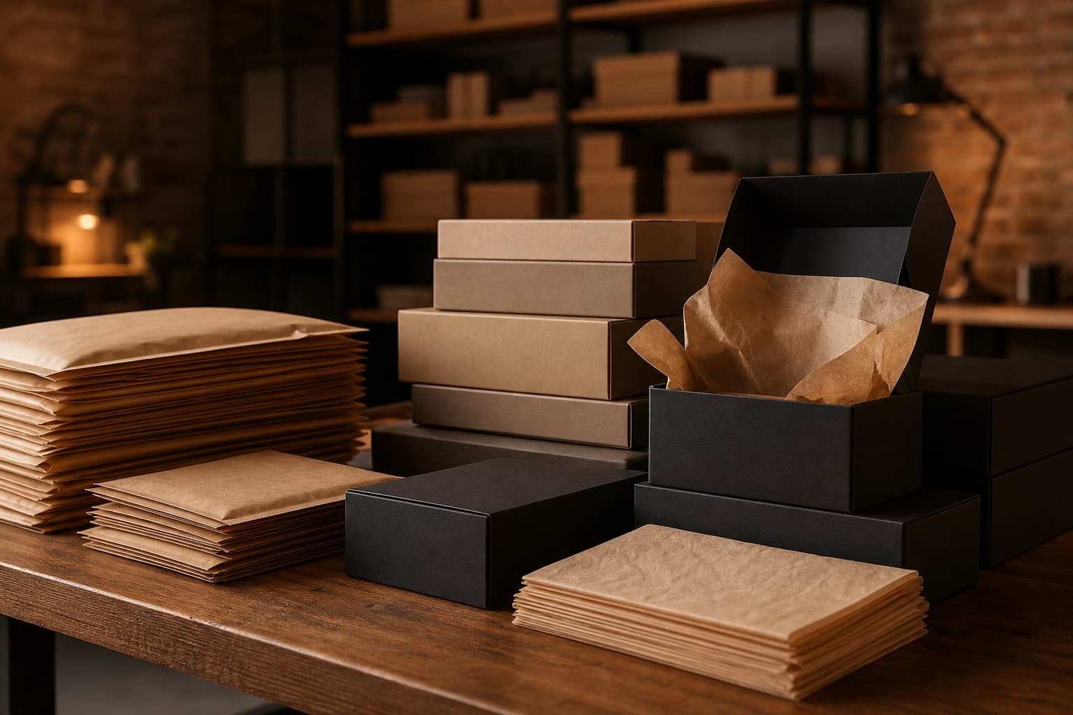 Custom kraft packaging samples on a warehouse table